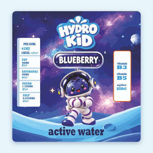 HydroKids Blueberry label front: blueberry astronaut, vitamin B3, B5 and active zinc