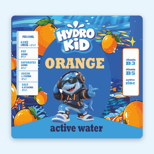 HydroKids Orange label front: shark mascot, vitamin B3, B5 and active zinc