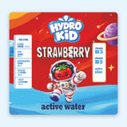 HydroKids Strawberry label front: strawberry astronaut, vitamin B3, B5 and active zinc